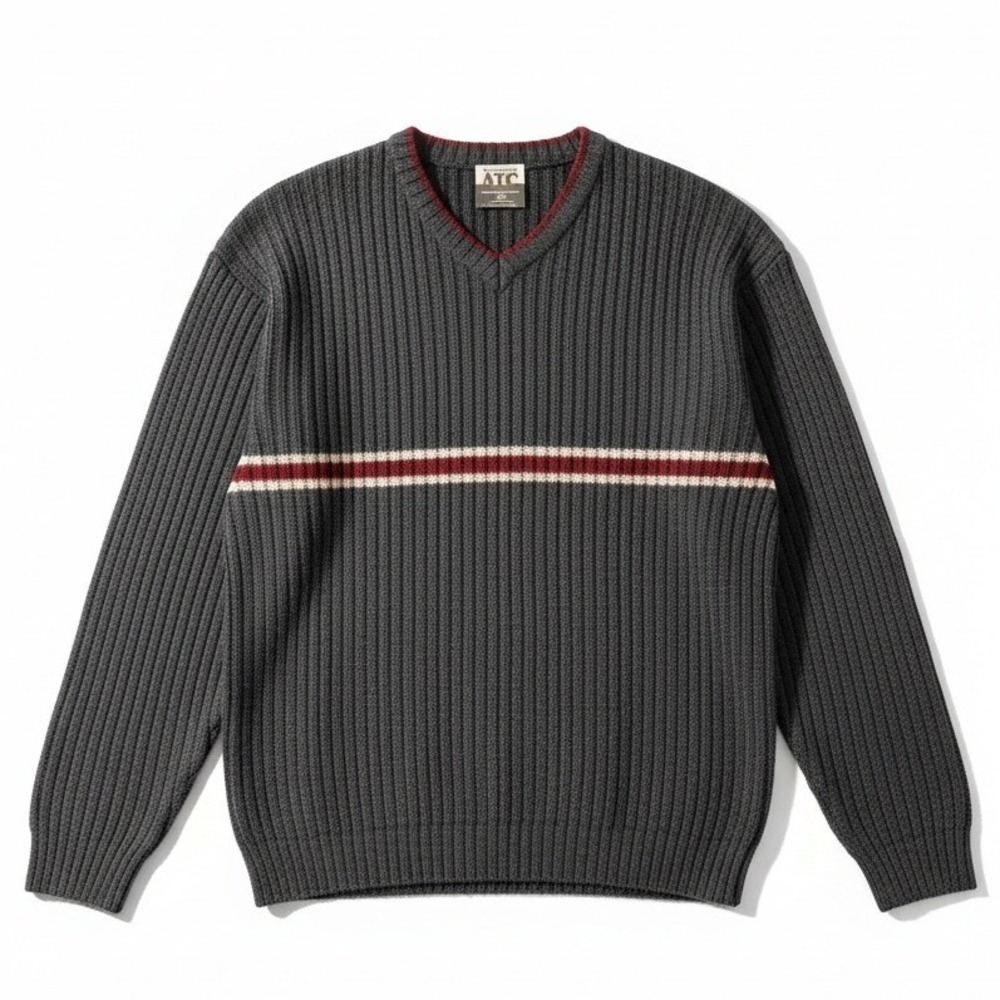 Adirondack Trading Company Charcoal Gray Stripd V-Neck Ribbed Sweater, Men's XL
